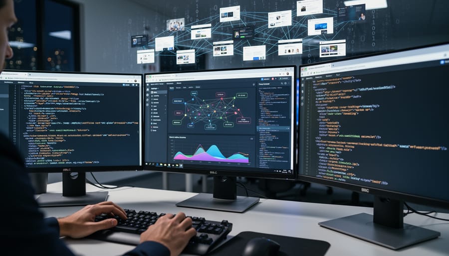 Magnifying glass examining tracking code and URL parameters on computer screen