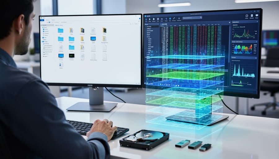 Magnifying glass examining computer hard drive components in forensic lab setting