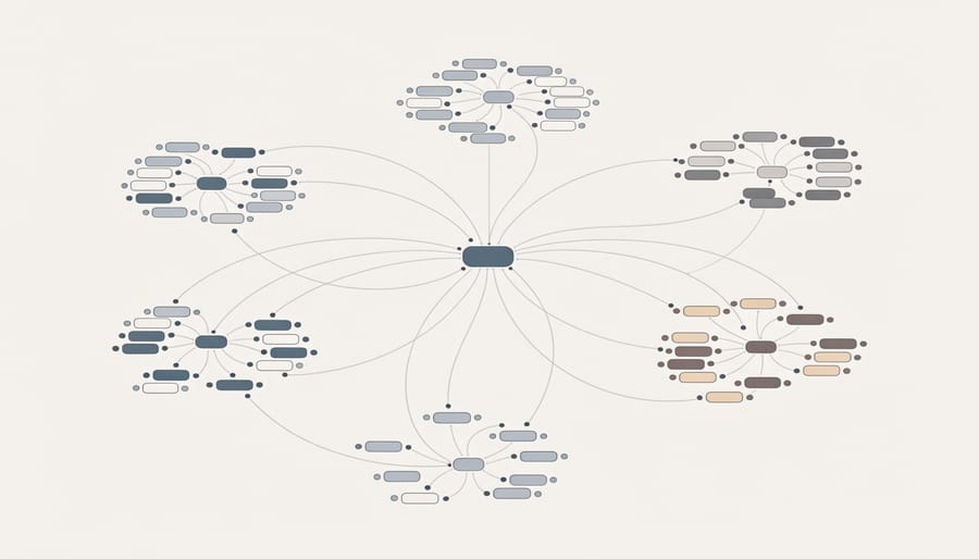 Network of metal chains connecting brass nameplates representing domain ownership connections