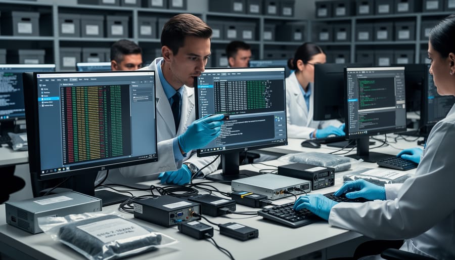 Digital forensic analyst working at computer workstation examining file metadata