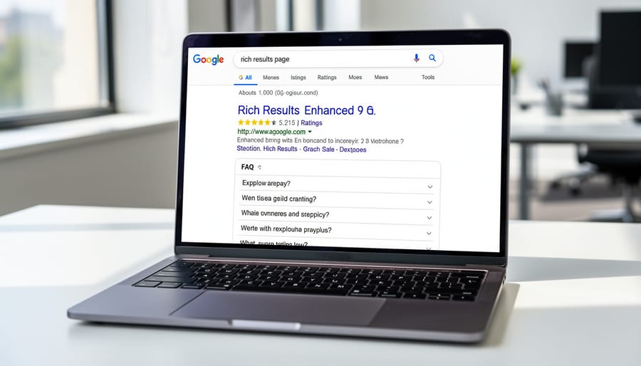 Computer monitor showing Google search results with rich snippets and enhanced listings