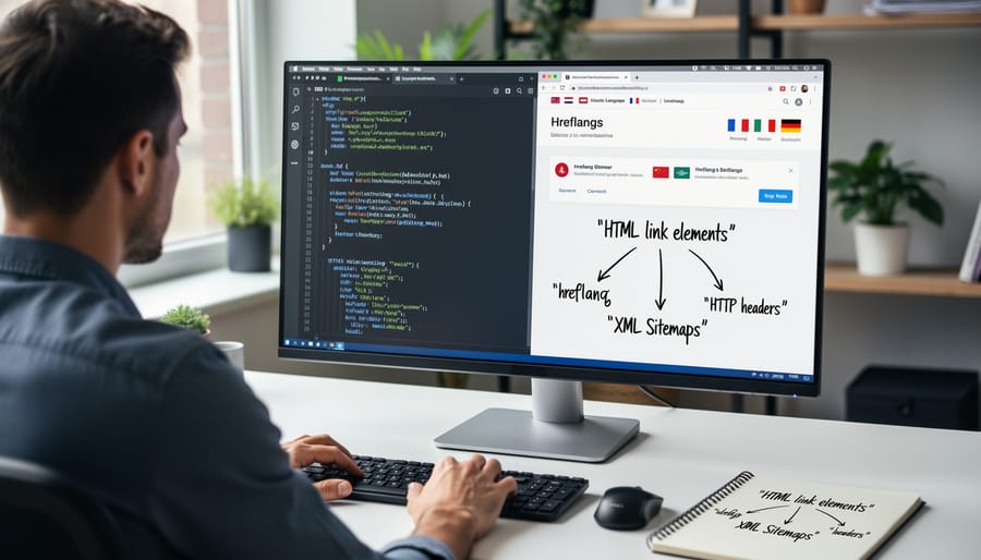 Developer typing HTML code for hreflang implementation on backlit keyboard