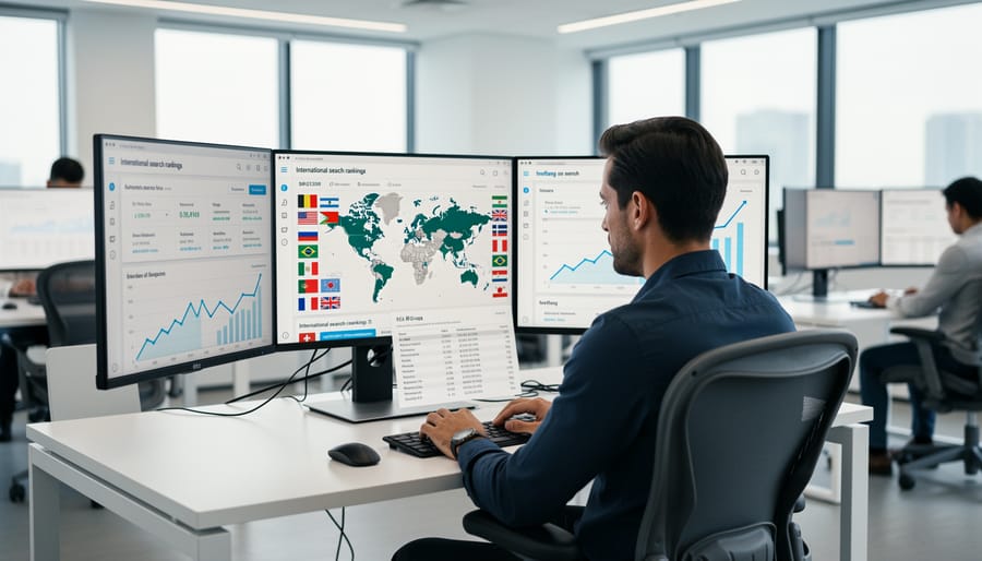 SEO professional examining code with magnifying glass at dual monitor workstation