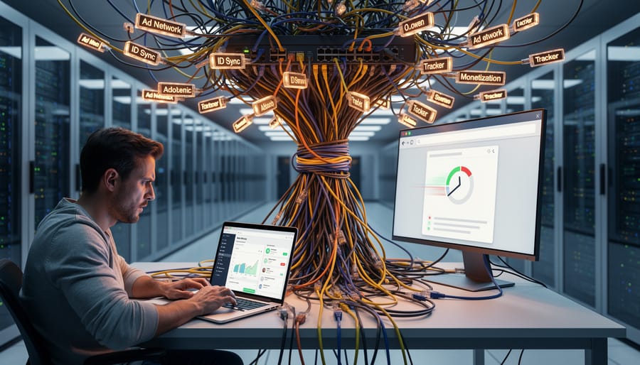 Tangled server cables and network connections showing infrastructure complexity