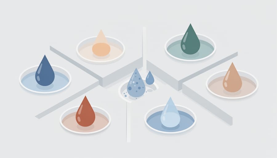 Isolated water droplets on hydrophobic surface demonstrating separation and containment