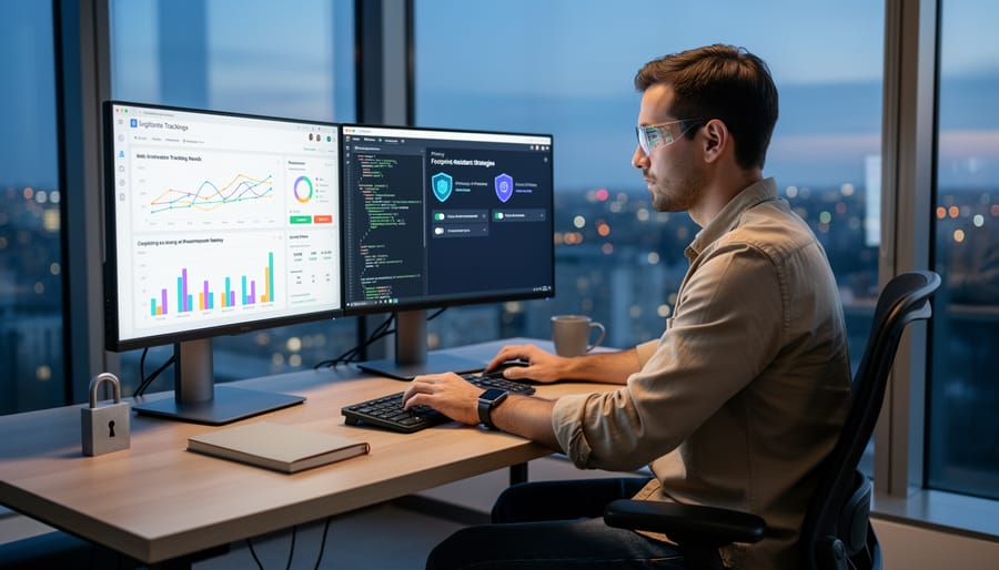 Hands applying privacy screen to laptop demonstrating protective measures
