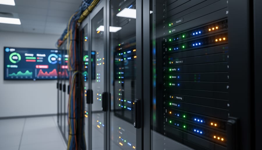 Data center server racks with LED status indicators showing system health monitoring