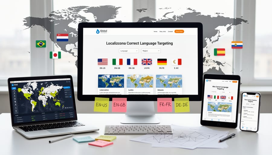 Laptop displaying multiple language versions of a website on desk with world map in background