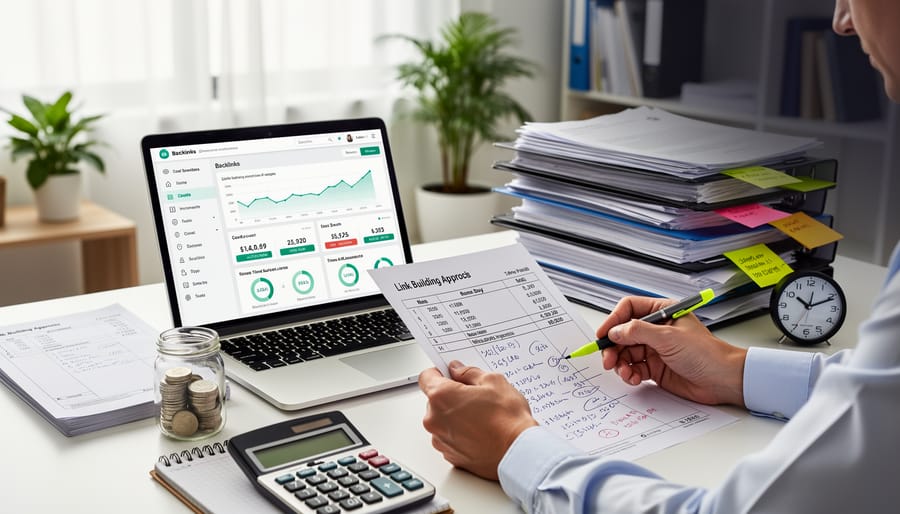 Hands allocating budget between two options with coins and calculator