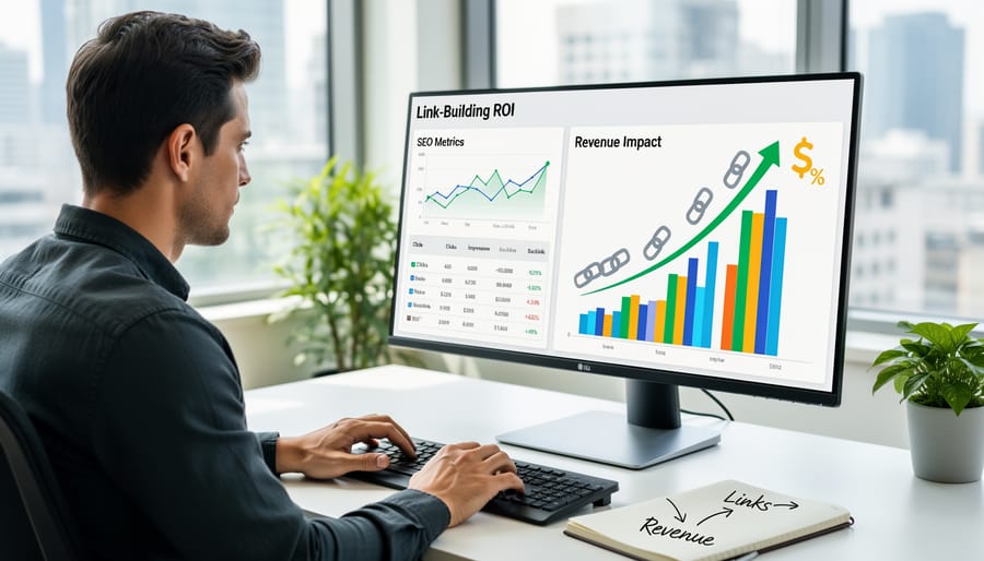 Business analyst reviewing financial analytics and revenue data on laptop with documents