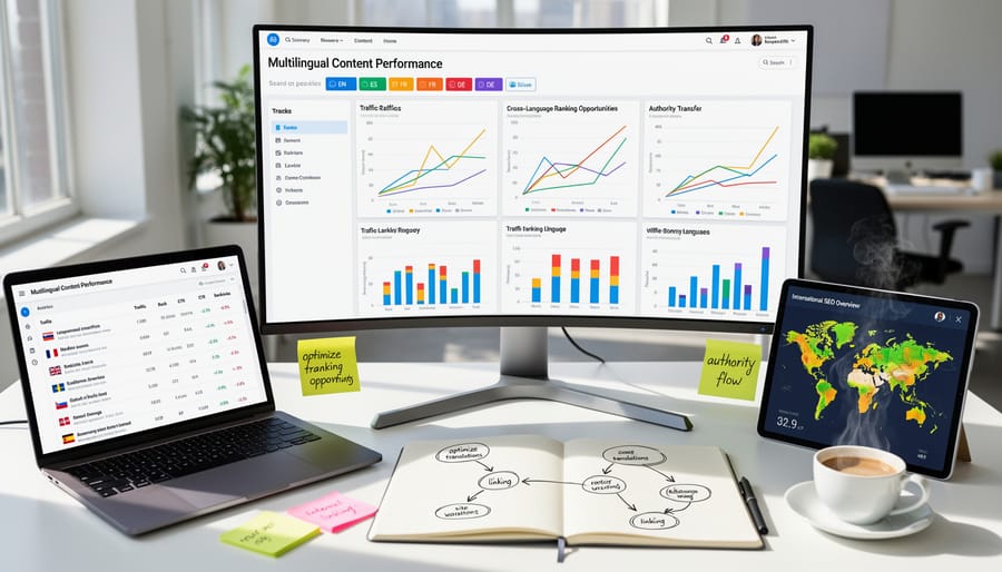 Professional analyzing multilingual website performance data on laptop