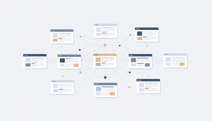 Overhead view of interconnected catalog cards linked by colored threads showing network relationships