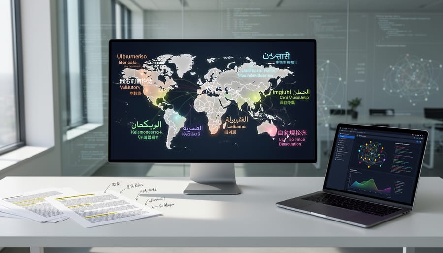 Multiple smartphones showing different language keyboards arranged in circle viewed from above