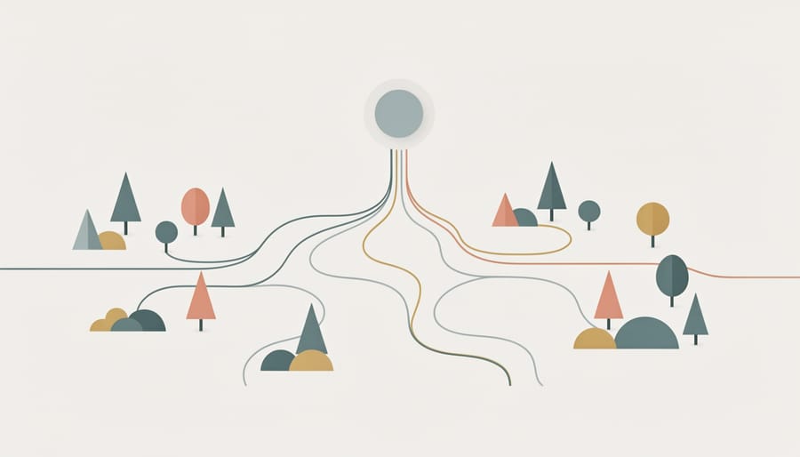 Winding forest path with multiple intersecting trails and route markers