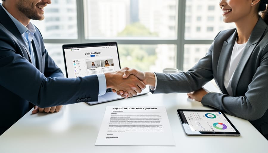 Business professionals shaking hands over signed contract document on conference table