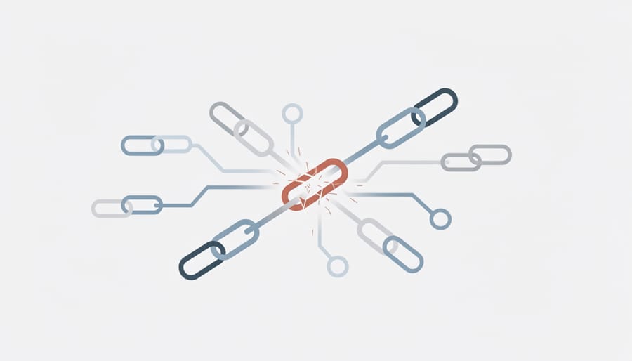 Close-up of chain with one weak rusted link among strong links