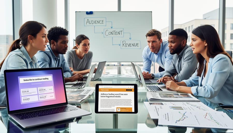 Overhead view of publisher workspace with laptop and business analytics materials