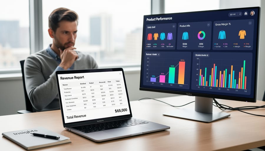 Business analyst reviewing scattered transaction receipts with different price tags on desk