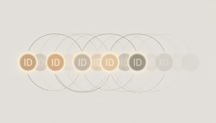 Multiple smartphone screens showing rotating digital identifiers reflected in mirror fragments