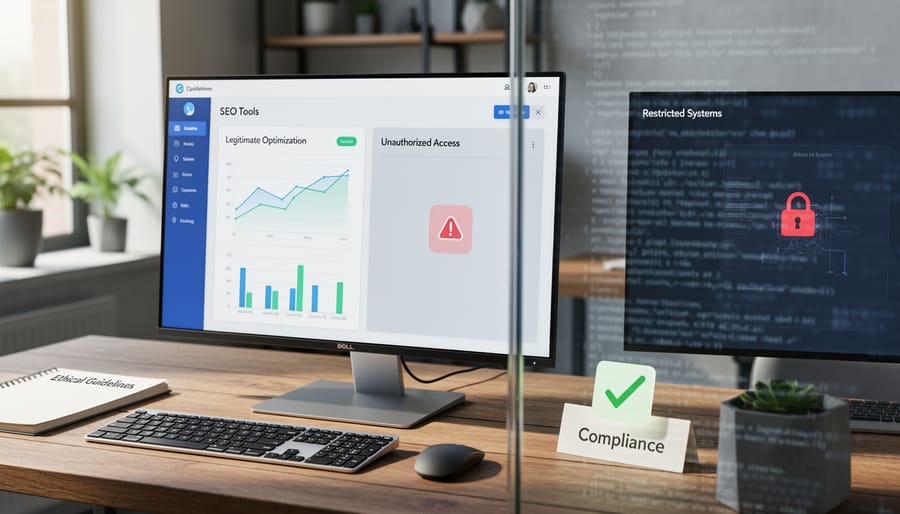 Overhead view of digital marketing workspace with multiple screens showing analytics dashboards