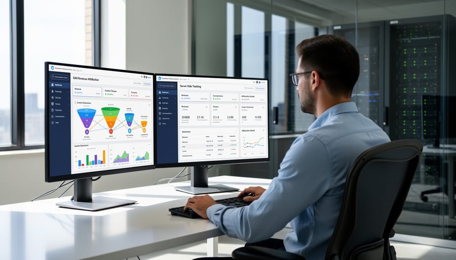 Business analyst reviewing analytics dashboards on multiple computer monitors