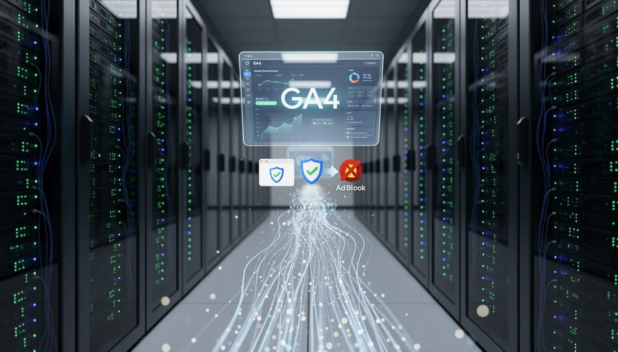 Modern server room with illuminated network equipment and server racks