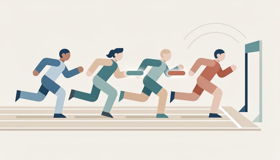 Close-up of relay baton being passed between runners' hands during race