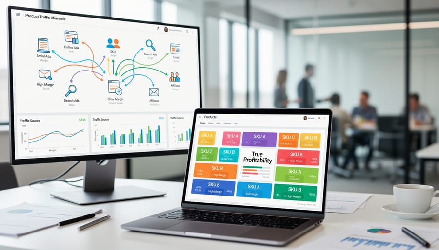 Overhead view of various sized shipping boxes with product barcodes in warehouse setting