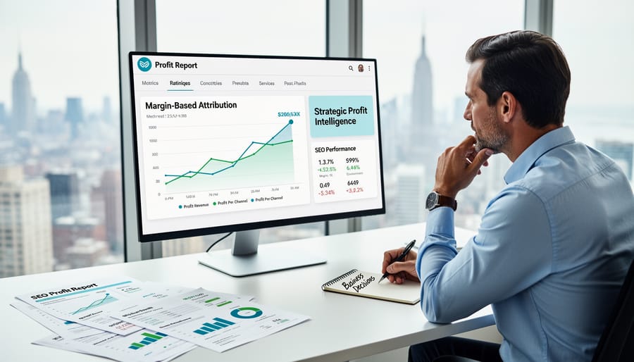 Business executive reviewing financial reports in modern office with natural lighting