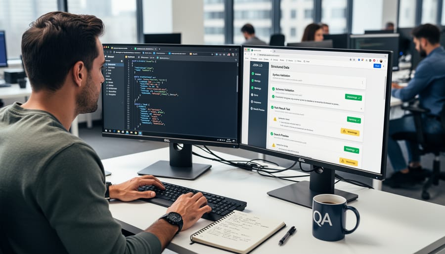 Magnifying glass examining structured data code on computer screen