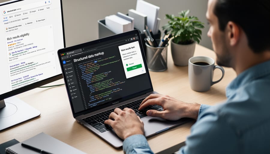 Developer working on structured data markup code on laptop
