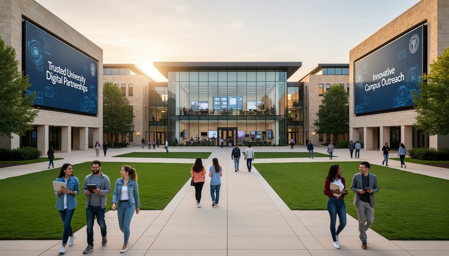 University campus building with students walking near entrance