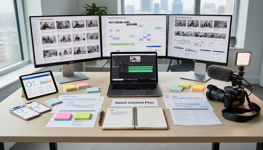 Overhead view of content creator planning YouTube videos with notes and keyboard on desk