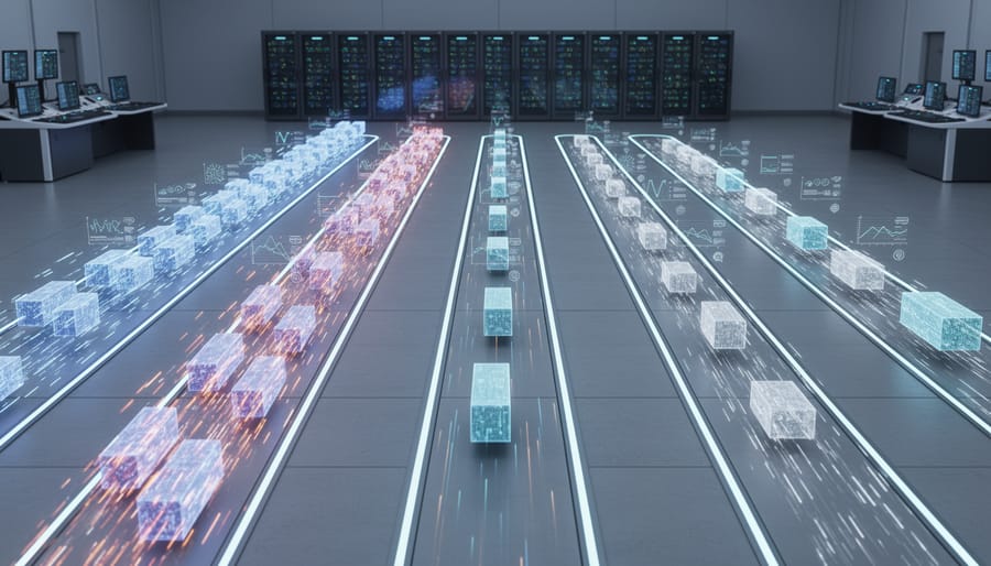 Warehouse conveyor belts showing packages moving at different speeds across parallel processing lanes