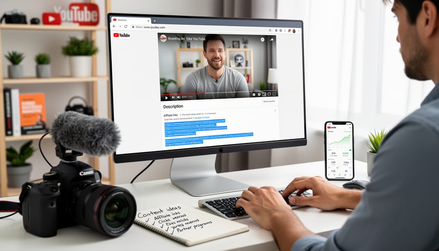 Laptop and smartphone displaying YouTube analytics and affiliate marketing performance metrics on modern desk
