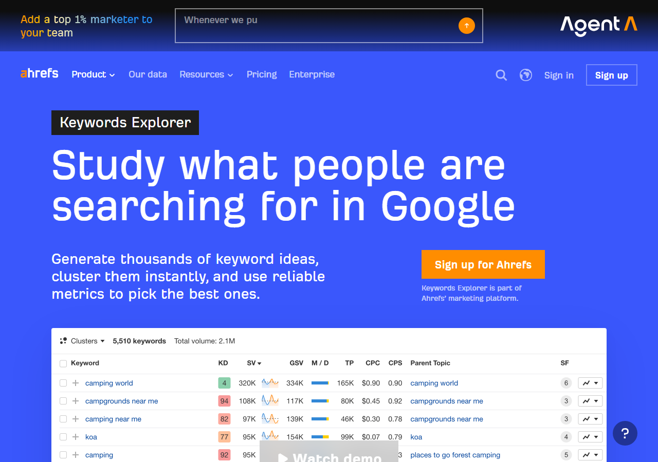 Ahrefs Keywords Explorer marketing page with the Matching Terms / Related Terms reports product preview