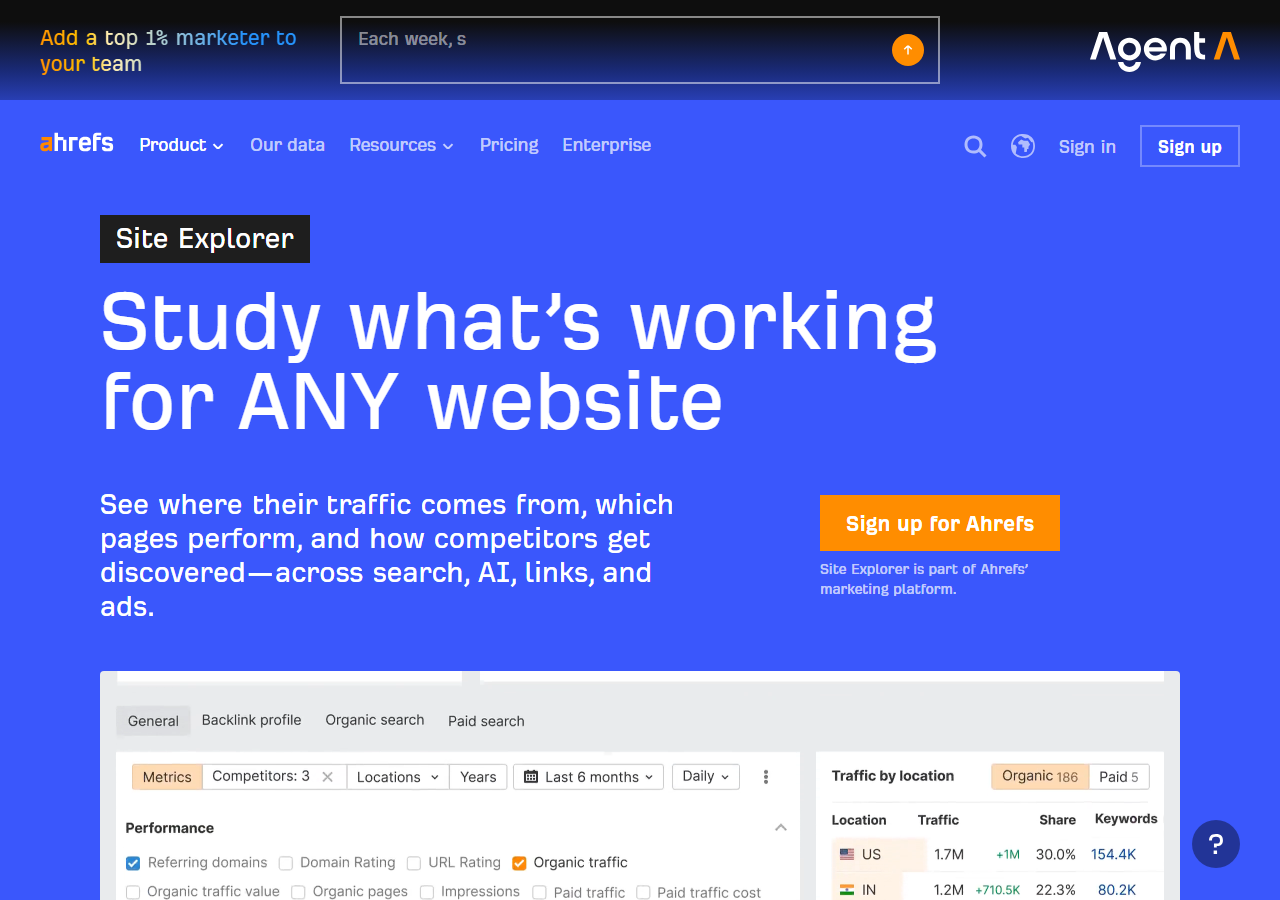 Ahrefs Site Explorer marketing page showing the Study what's working for ANY website headline and product UI preview