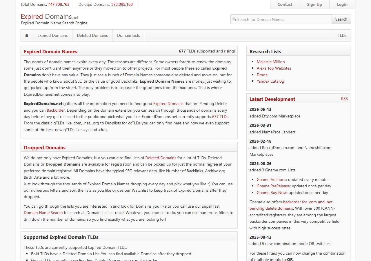 ExpiredDomains.net homepage showing the search interface, 747 million indexed domains counter, and supported-TLD column with research lists in the sidebar