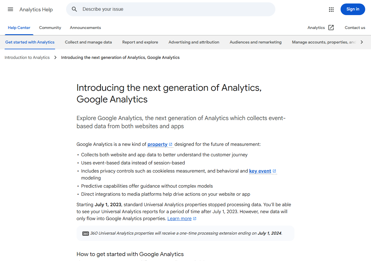 Google Analytics help article explaining the GA4 attribution-model comparison view with attribution-model selector and conversion-credit visualization