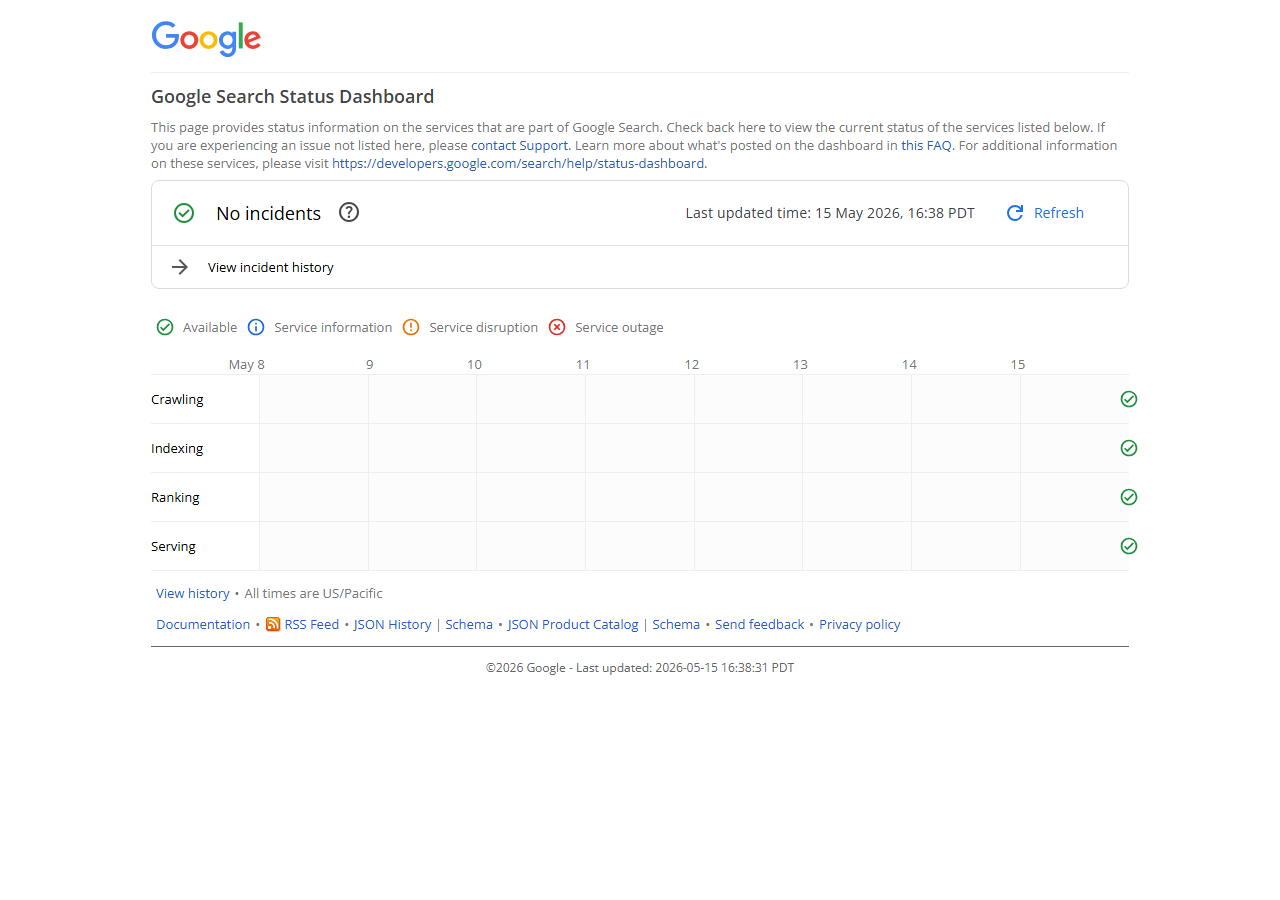 Google Search Status Dashboard showing the active release-notes feed and historical update timeline