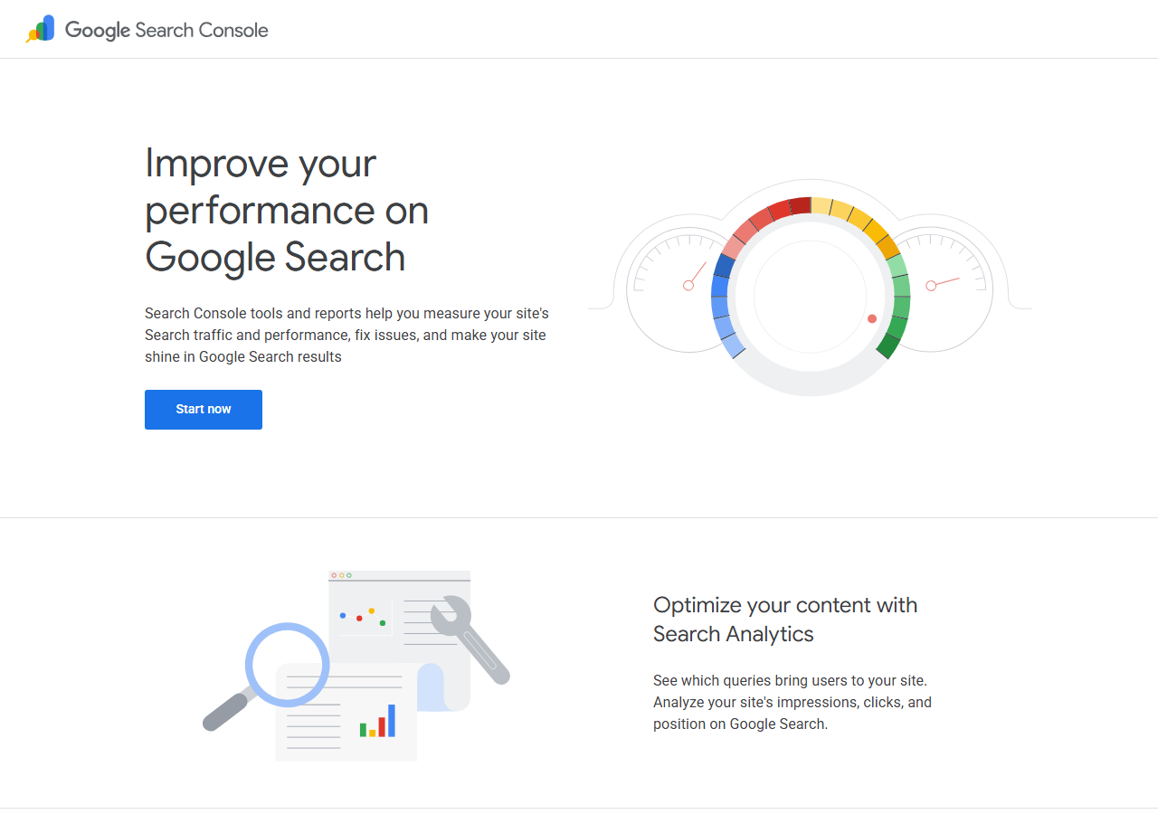 Google Search Console marketing page with the 