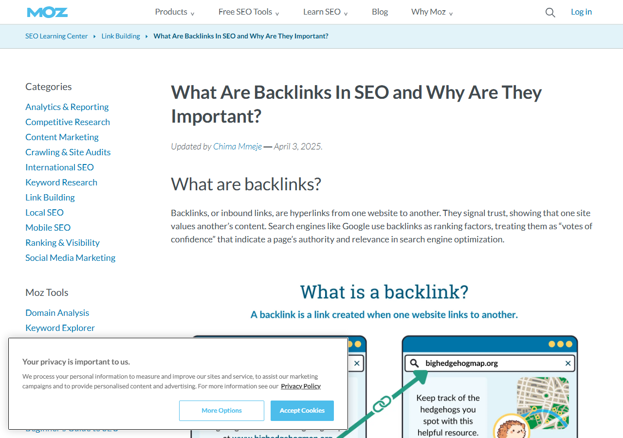 Moz Beginner's Guide to SEO chapter on backlinks with definitions of link equity, anchor text, and authority signals