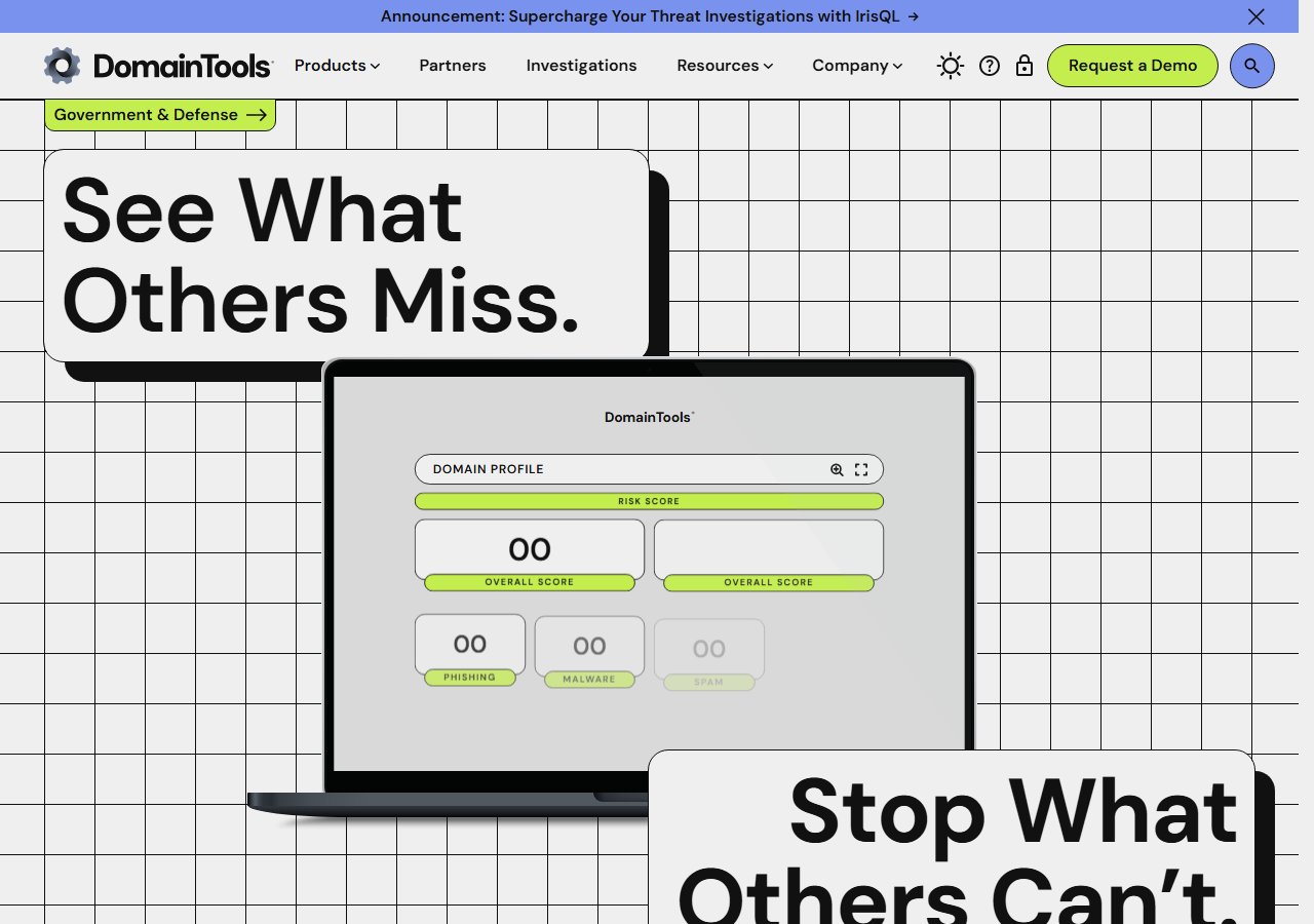 DomainTools homepage showing 'See What Others Miss' tagline and a dashboard mockup with domain risk-score panels