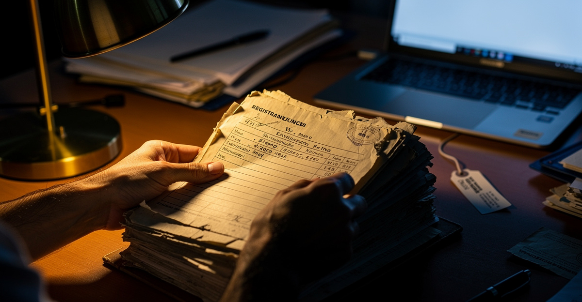 Forensic researcher's hands flipping through weathered domain registration records under a warm desk lamp, with a laptop softly glowing in the background