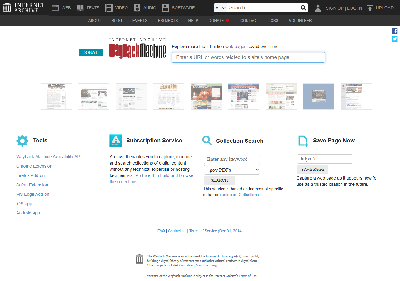 Wayback Machine homepage at web.archive.org with the URL search bar and a row of archived site thumbnails below it
