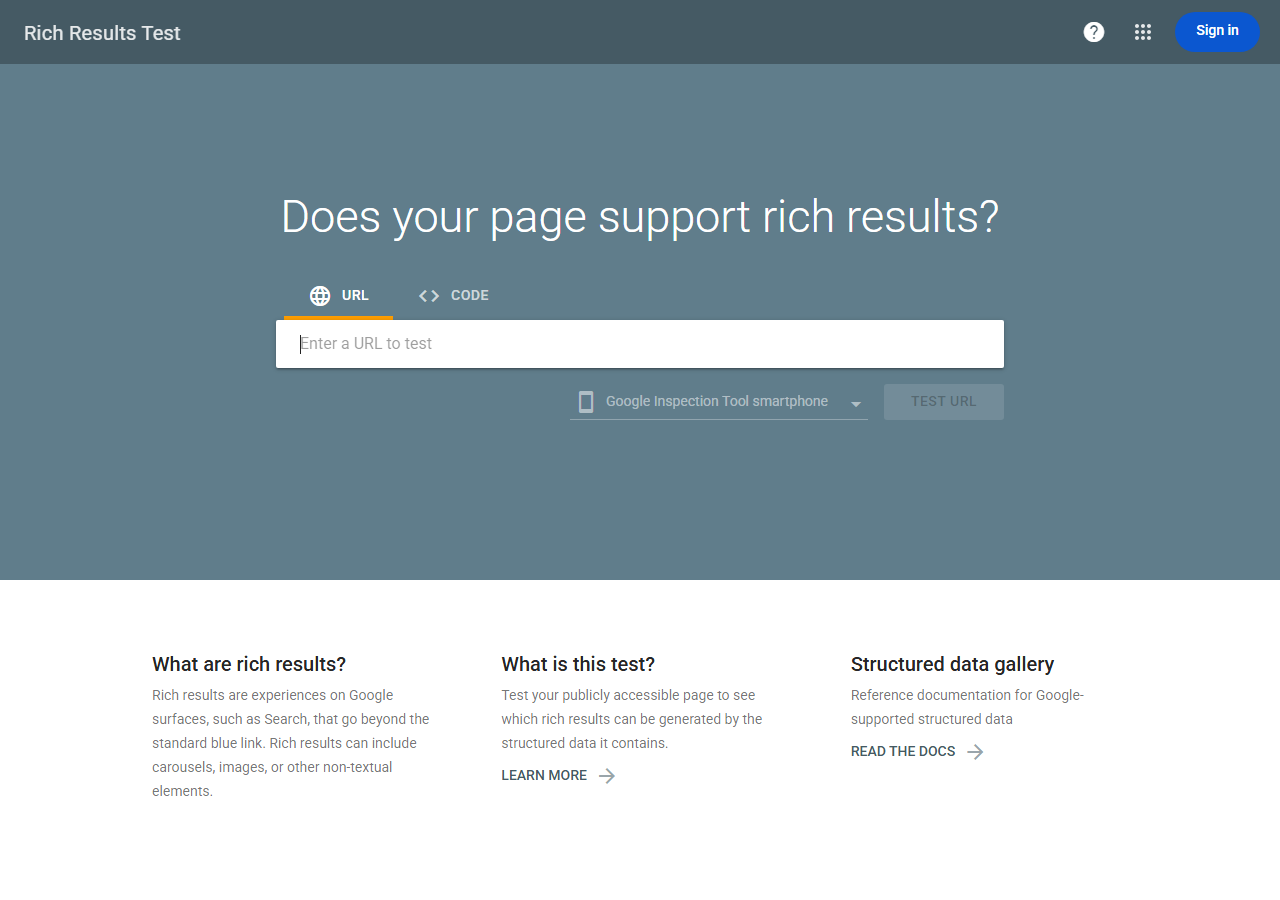 Google's Rich Results Test homepage with the URL/code-snippet entry modal labeled Test your structured data