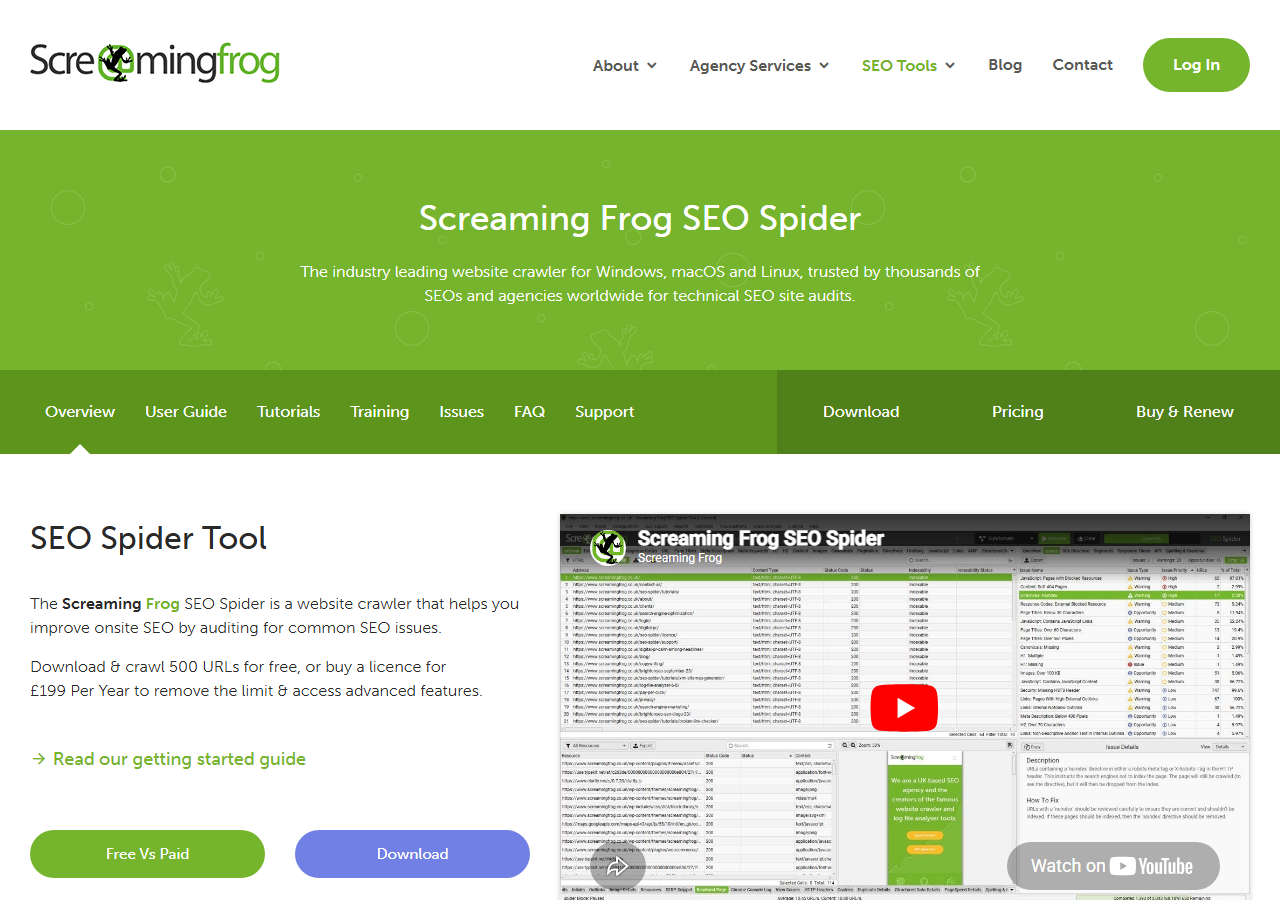 Screaming Frog SEO Spider product page with the URL list crawl interface and feature explainer panels