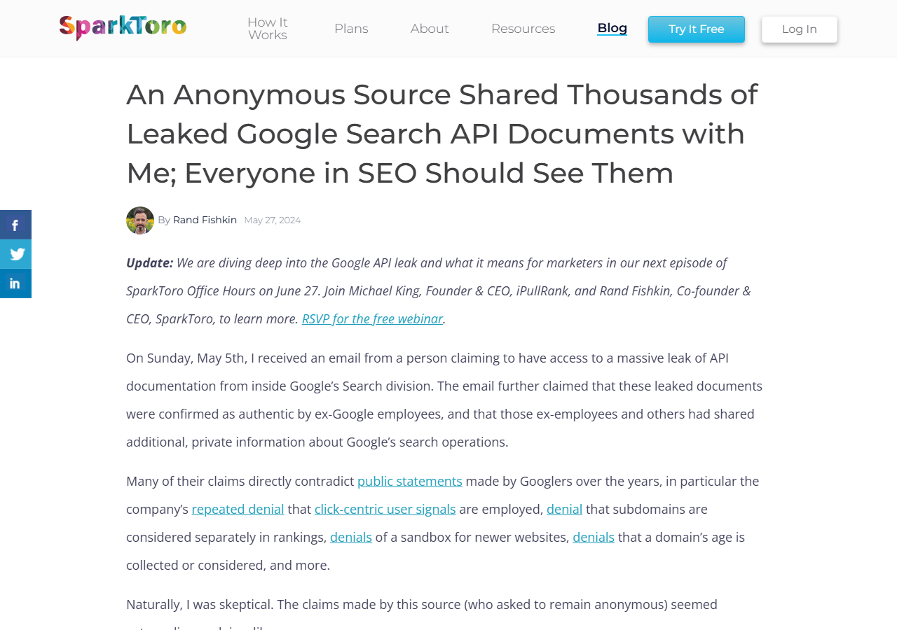 SparkToro blog post by Rand Fishkin titled An Anonymous Source Shared Thousands of Leaked Google Search API Documents with Me; Everyone in SEO Should See Them
