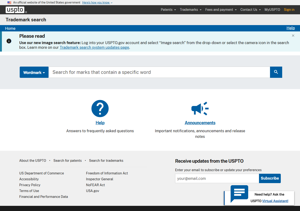 USPTO Trademark Electronic Search System homepage with the wordmark search interface and government-site banner