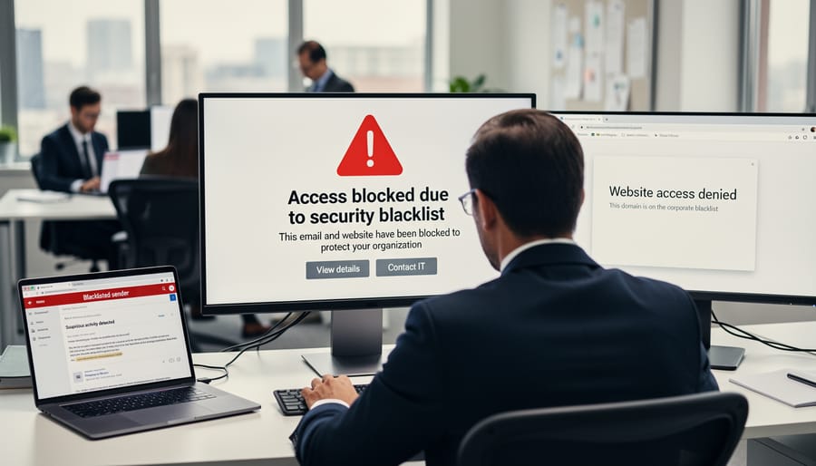 Laptop on a desk showing a security warning style symbol without readable text